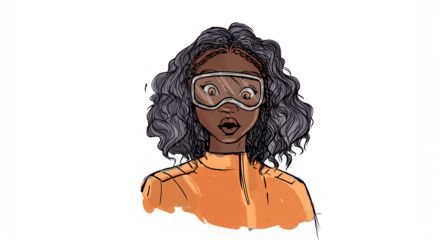 Ilustração de Petra Ventura com óculos de proteção, expressão surpresa e roupa laranja.