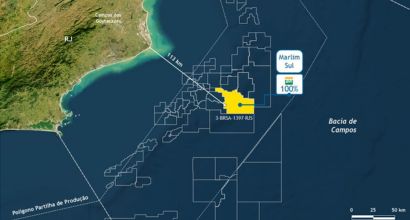 Mapa da Bacia de Campos com área destacada no pré-sal próxima ao RJ e ES.