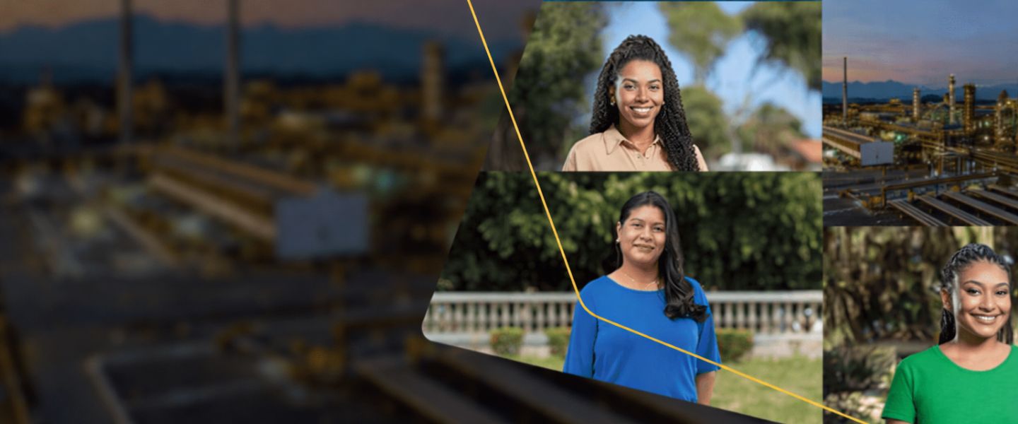 Colagem com pessoas e cenas industriais, incluindo navio, caminhão e refinaria.