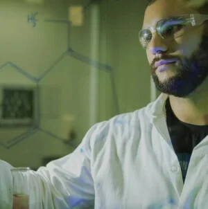 Cientista da Petrobras, com jaleco branco e óculos de proteção, escrevendo fórmulas químicas em um vidro transparente.