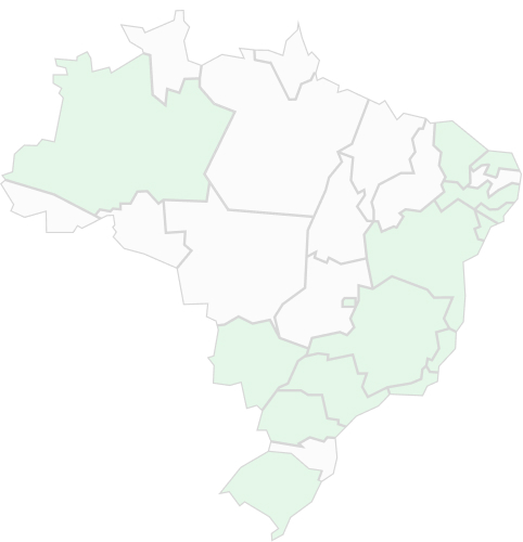Mapa do Brasil com alguns estados destacados em verde e os demais em cinza.