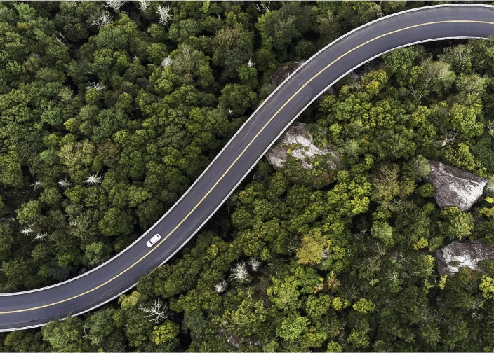 Foto aérea de uma autoestrada em meio a uma floresta, representando os produtos asfálticos da Petrobras.