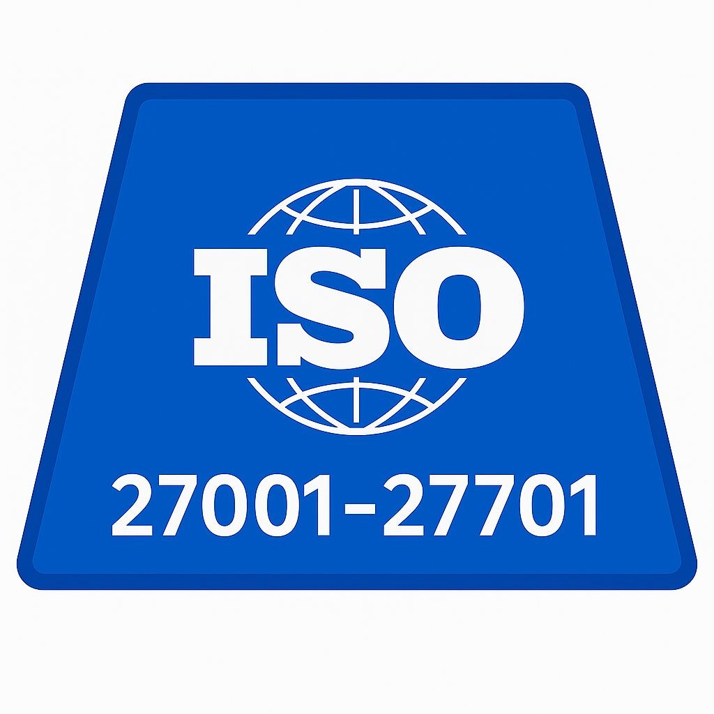 Selo azul da ISO com o texto “ISO 27001–27701” em destaque.