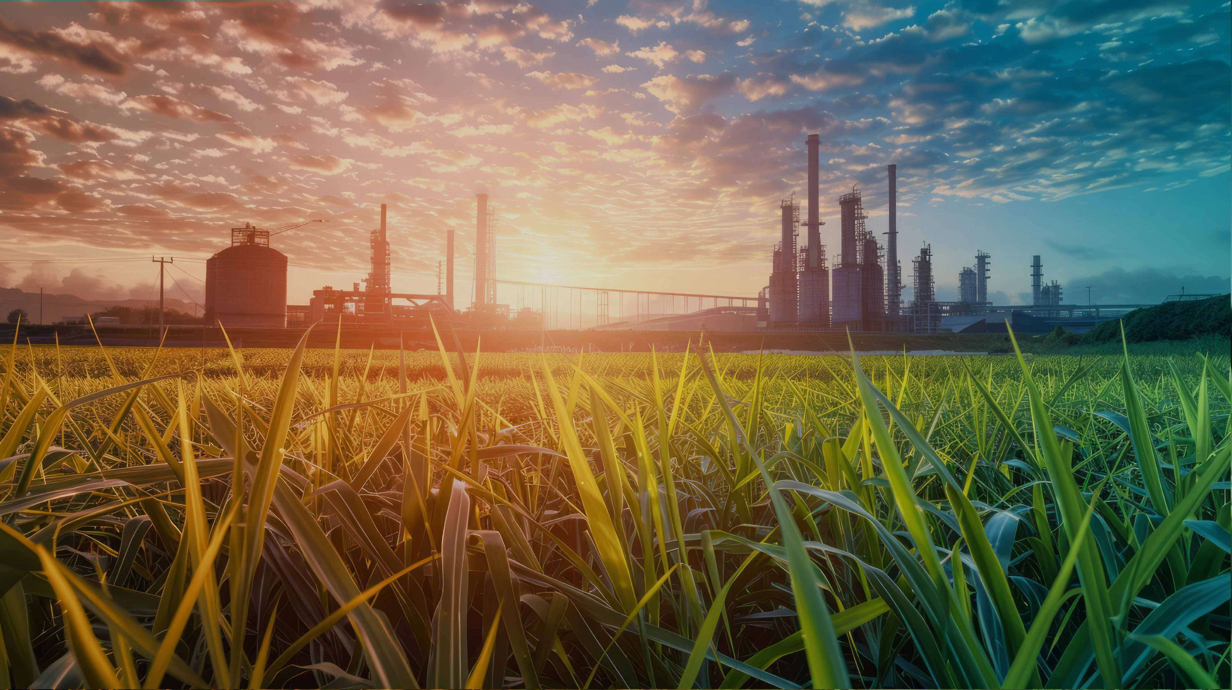 Campo de cana-de-açúcar ao entardecer com uma refinaria ao fundo, representando a transição energética e a produção de biocombustíveis.
