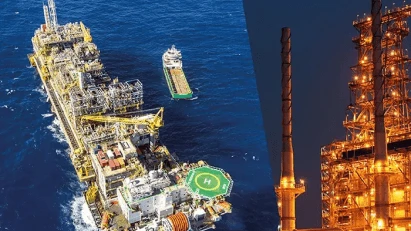 Plataforma de produção de petróleo, refinaria e turbina eólica, representando o plano estratégico da Petrobras: