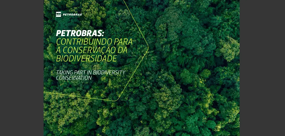 Floresta vista de cima com a frase "petrobras, contribuindo para  conservação da biodiversidade"