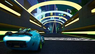 ilustração de carro azul andando numa pista iluminada