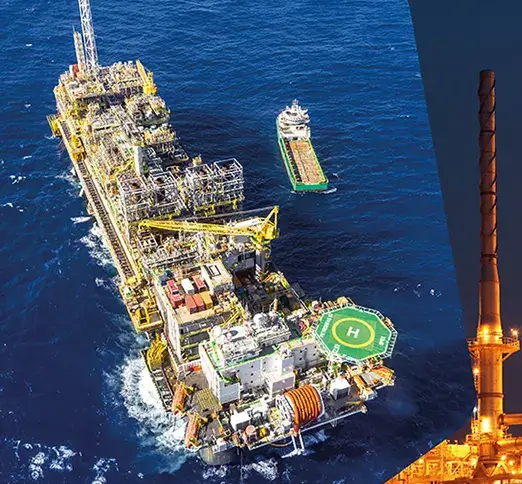 Duas imagens lado a lado: plataforma de produção de petróleo e uma refinaria, representando o plano estratégico da Petrobras.