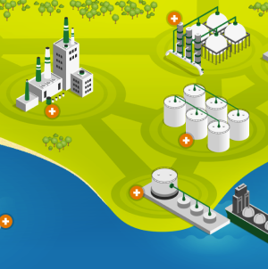 Infográfico com ilustrações de algumas operações da Petrobras, como refinarias e terminais logísticos.