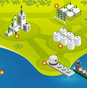 Infográfico com ilustrações de algumas operações da Petrobras, como refinarias e terminais  logísticos.