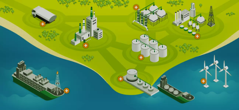 Infográfico com ilustrações de algumas operações da Petrobras, como refinarias e terminais logísticos.