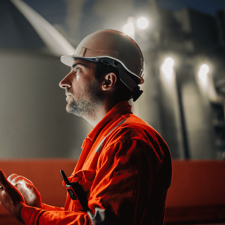 Homem com uniforme da Petrobras olha atentamente para algo fora do campo de visão da imagem.
