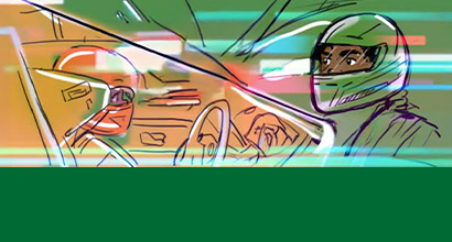 Imagem dividida ao meio com personagens da história, vestindo capacetes de corrida, pilotando carros de corrida.