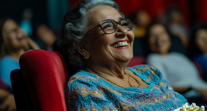 Uma senhora sorri para a tela, durante a projeção de um filme na sala de cinema.