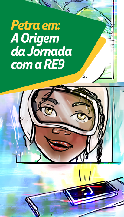 Ilustração de mulher negra (Petra) usando um capacete com visor transparente e, abaixo dela, um celular. No canto superior esquerdo, o título: Como essa história começou.
